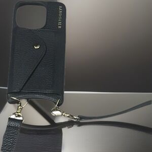 Bandolier iPhone 15 Pro Case Wallet w/ Strap Gold Accents Black